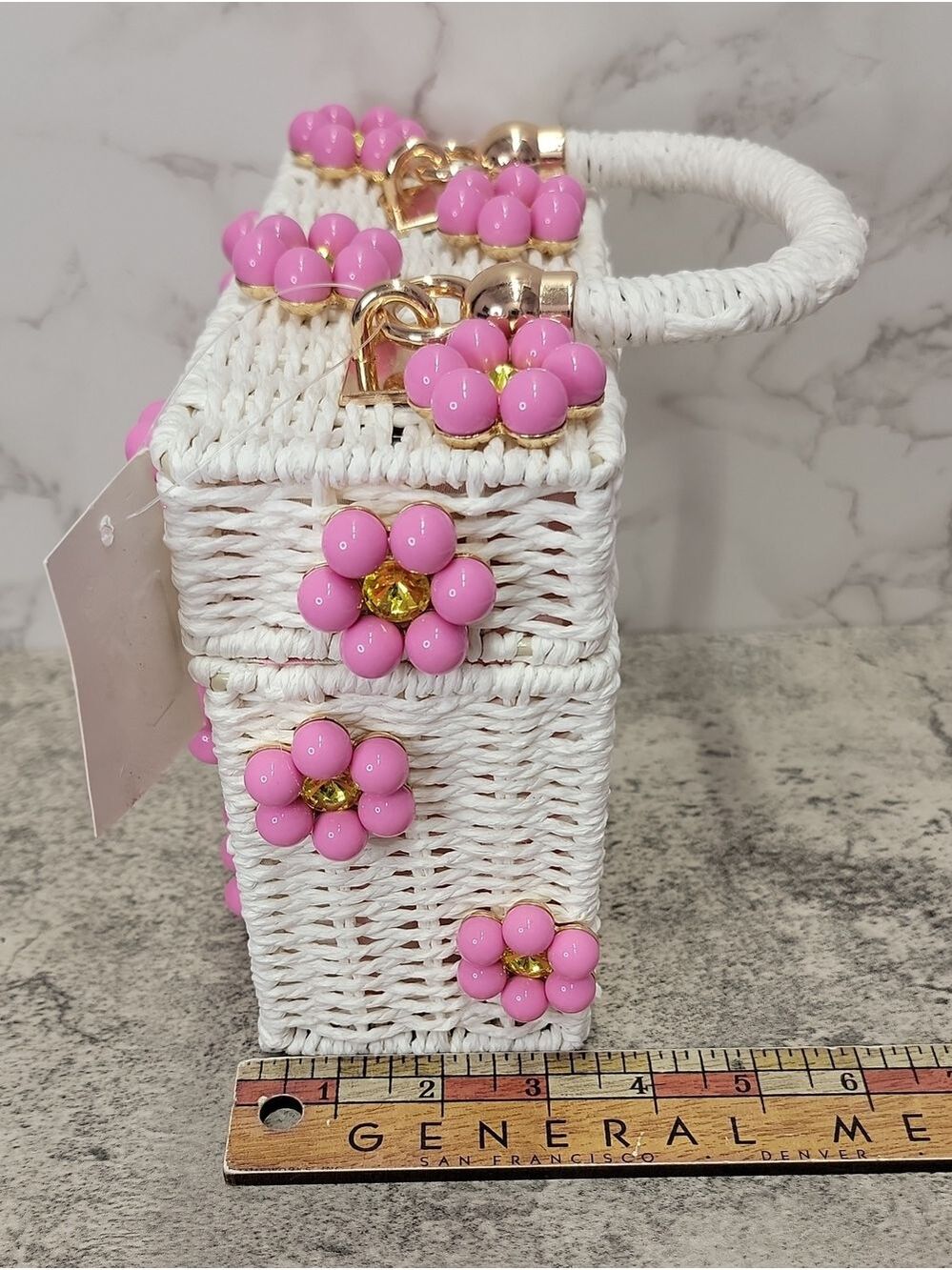 Daisy Embellished Straw Bucket Bag | Rattan Flower Box Purse by Jenna Lee - Picture 11 of 12